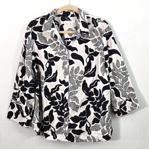 Chico’s Graphic Floral Jacket Black White XL Wearable Art Modernist Chic
